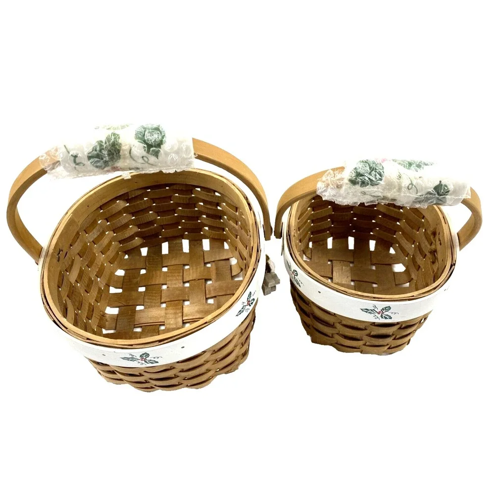Wooden Woven Holiday Christmas Oval Baskets Porcelain Handle & Holly Leaves NEW